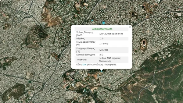 Τρίτος σεισμός στην Αττική: 2 βαθμοί της κλίμακας Ρίχτερ στην Αγ. Παρασκευή.